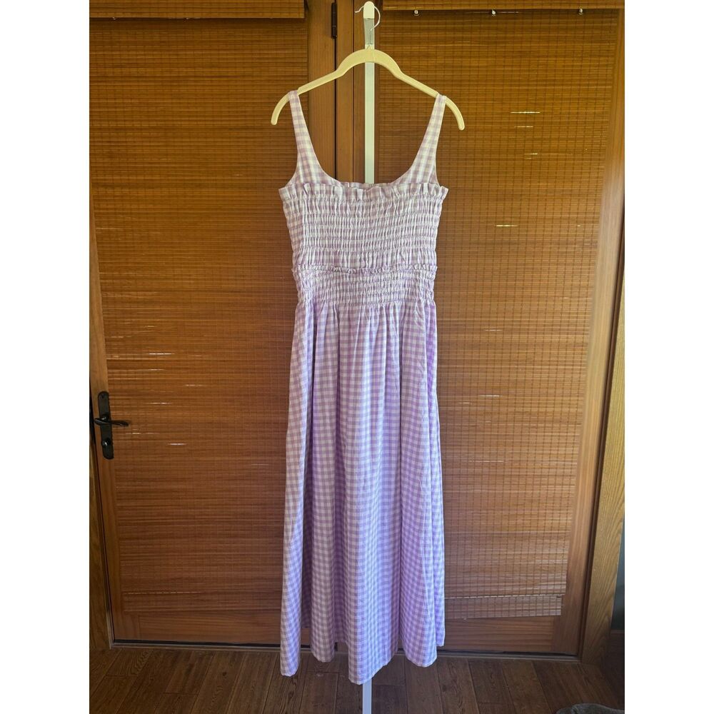 TCEC Gingham Square Neck Smocked Bodice Midi Dress Lavender Purple Medium - Picture 5 of 7
